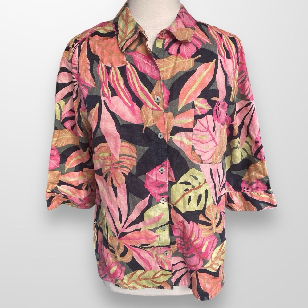 Chico's 16 / 18 P  Top Shirt Tunic No Iron Linen 3/4 Sleeve‎ Tropical Travel